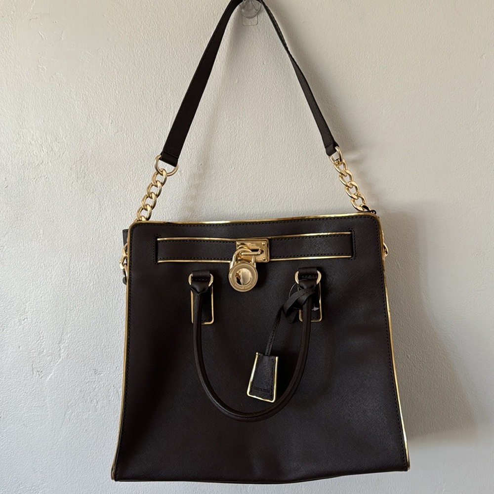 NWT MK BROWN Large Brown Bag w/Gold Trim and Chain Strap-Hamilton Speccio - Picture 3 of 11